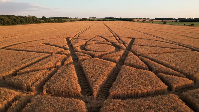 Aerial view of intricate crop circle patterns in golden wheat field at sunset
