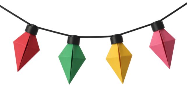 A vibrant string of four origami-style faceted lights in red, green, yellow, and pink, hanging on a dark background. background removed