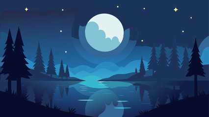 Serene night landscape with a large moon over a calm lake and pine trees