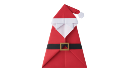 A minimalist origami Santa Claus figure, crafted from red and white paper, with a black belt and gold buckle, isolated. background removed