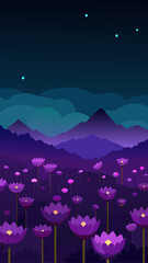 Enchanting purple lotus flowers bloom under a starry night sky with layered mountains