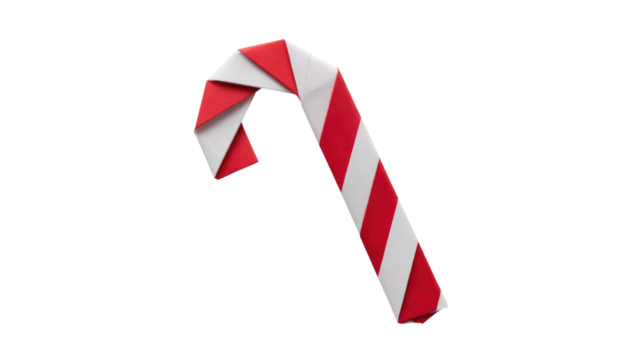 A beautifully crafted origami candy cane, featuring classic red and white stripes, stands out against a solid transparent background. background removed - Powered by Adobe