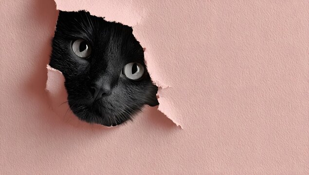 A curious black cat peeks out from a torn hole in a pink colored paper background