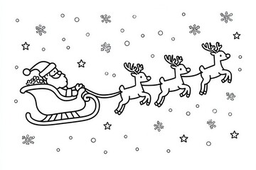 Fototapeta premium In a wintry setting, a person wearing a hat is riding a sleigh pulled by three reindeer. Snowflakes fall gently around them, adding to the joyful holiday atmosphere.