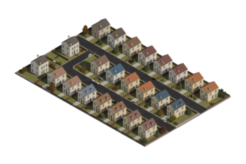 Isometric view of a neatly arranged suburban housing estate featuring numerous colorful detached homes, roads, and greenery on a transparent background. background removed