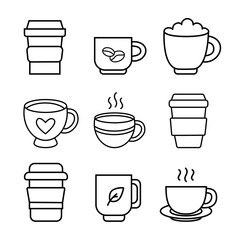 Minimalist line art vector icon set featuring various hot drinks: takeaway cups, mugs, and teacups. Perfect for cafe menus, websites, or graphic design.