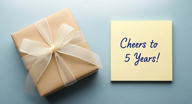 Cheers to 5 Years Anniversary with Gift Box celebration present ribbon bow note message congratulations five wooden