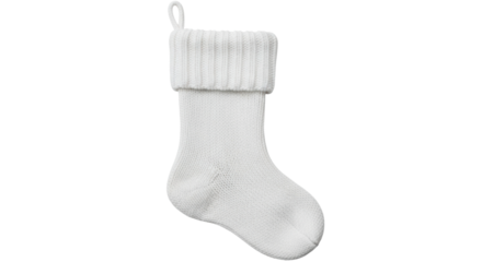 White knit christmas stocking with hanging loop on white background