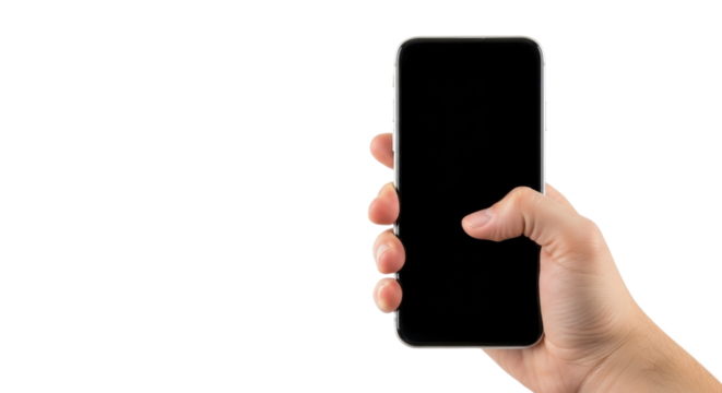 Hand holding smartphone with blank screen on black background