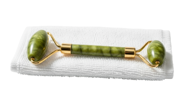 Green jade roller on white towel for skincare and relaxation