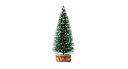Miniature snow-dusted green christmas tree on wooden base
