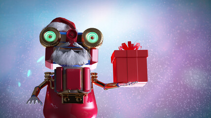 Funny Christmas Robot Santa with Gifts Winter Snow Scene render 3d