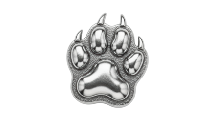 Silver metallic bear paw print emblem with textured details