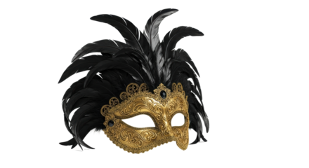 Elegant black feathered gold venetian masquerade mask with ornate details