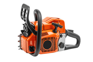 Fototapeta premium A vibrant orange and black gas-powered chainsaw, featuring ergonomic handles and robust engine casing, ready for efficient wood cutting tasks. background removed