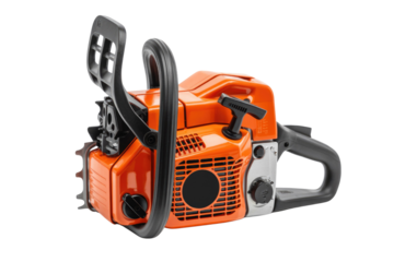 A vibrant orange and black gas-powered chainsaw, featuring ergonomic handles and robust engine casing, ready for efficient wood cutting tasks. background removed