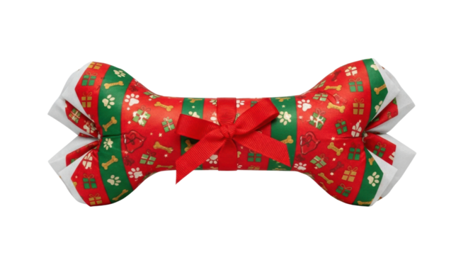 Festive dog bone gift wrapped with red and green bow for christmas