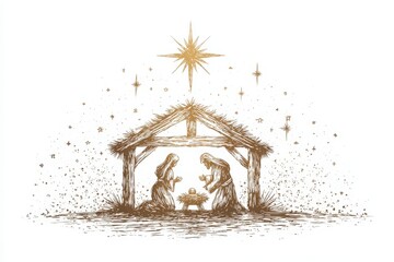 Mary and Joseph kneel beside the baby Jesus in a stable, surrounded by a glowing star and gentle light. This depiction captures the warmth and serenity of the nativity scene.
