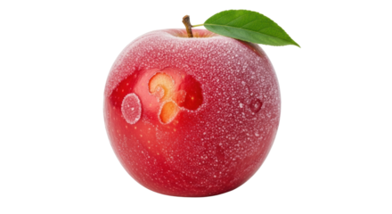 Close-up of frosted red apple with green leaf on black background