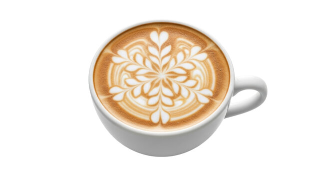 Intricate leaf pattern latte art on creamy coffee surface in white cup