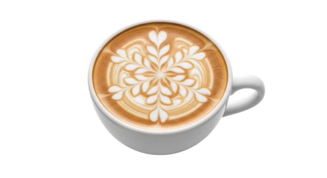 Intricate leaf pattern latte art on creamy coffee surface in white cup