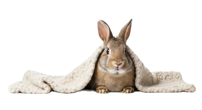 Adorable brown bunny snug under cozy blanket