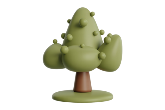 A whimsical 3D stylized tree with smooth, rounded green foliage and spherical accents on a brown trunk, against a dark transparent background. background removed