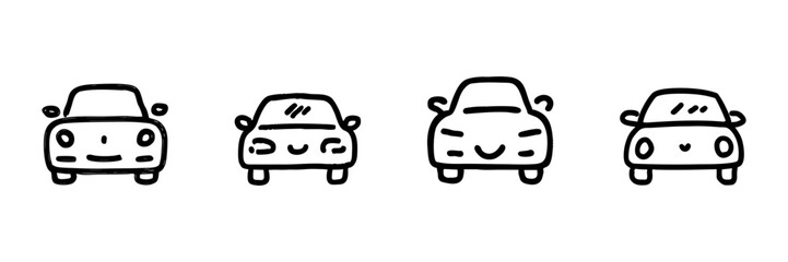 Obraz premium Cute Smiling Cars Line Icon Set In Doodle Style. Playful Automotive Characters And Transportation Fun Outline Sketch Collection. Hand Drawn Isolated Vector Illustration