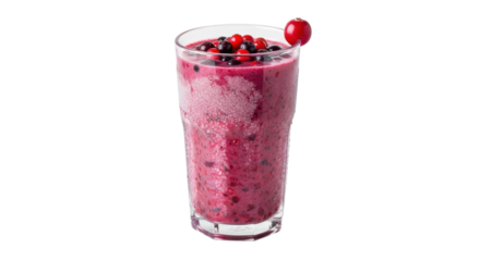 Fresh berry smoothie with cranberry garnish in a glass on black background