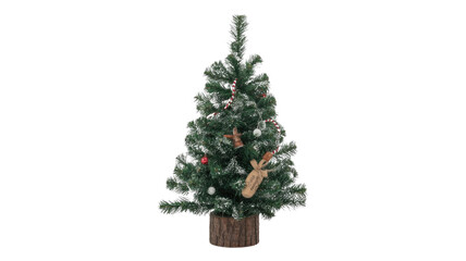 A small, flocked artificial Christmas tree, decorated with candy canes, various baubles, and rustic ornaments, on a wood-textured base. background removed