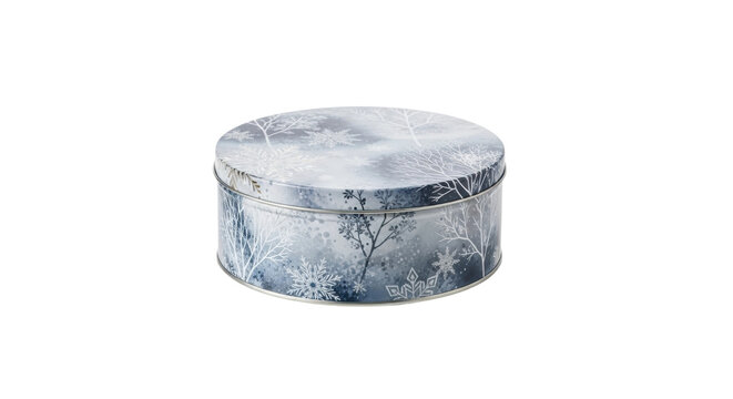 Decorative blue circular tin box with winter snowflake pattern