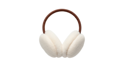 Cozy white earmuffs with brown headband on black background