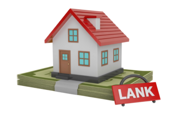 A 3D rendered house sits atop a stack of cash, symbolizing home loans, mortgage, or real estate investment and value. background removed