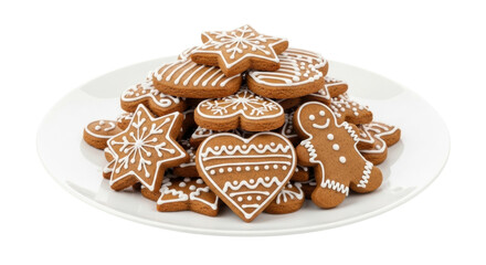 Festive plate of decorated gingerbread cookies in various shapes
