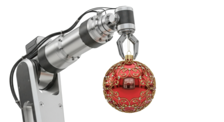 Robotic arm holding red christmas ornament with gold design