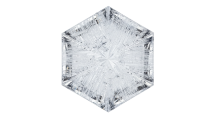 Close-up of hexagonal ice crystal with intricate patterns on black background