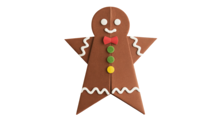 A cute gingerbread man figure with decorative icing, a red bowtie, and colorful buttons, set against a solid transparent background. background removed