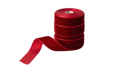 Red satin ribbon roll unwinding on black background