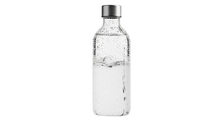 Clear glass bottle with bubbling sparkling water on black background