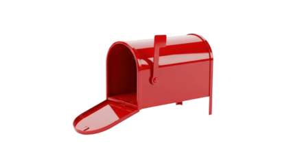 Bright red mailbox with open door on white background