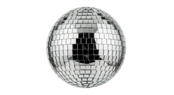 Reflective disco ball on black background with mirrored tiles