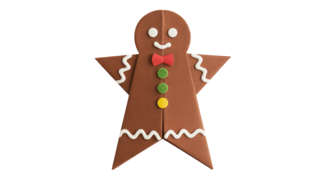 A cute gingerbread man figure with decorative icing, a red bowtie, and colorful buttons, set against a solid transparent background. background removed