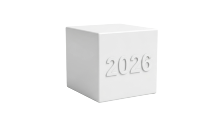 White cube with embossed 2026 on minimalist background