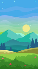 Obraz premium Cartoon landscape with mountains trees and flowers