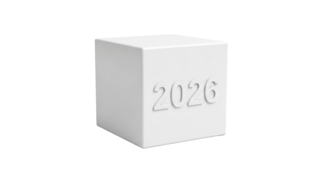 White cube with embossed 2026 on minimalist background