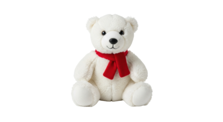White teddy bear with red scarf on white background