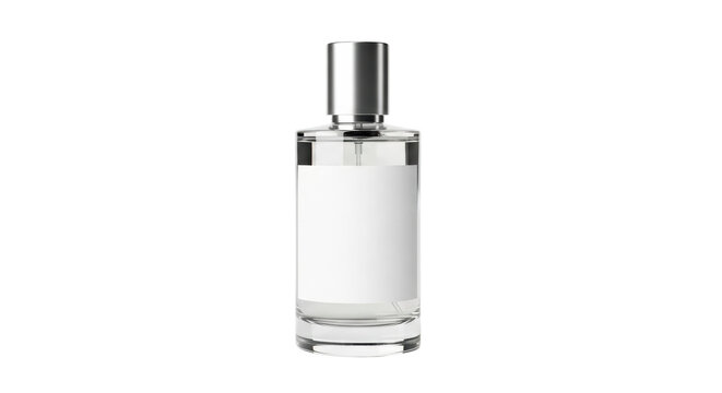 Minimalist clear glass perfume bottle with blank white label