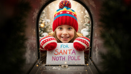 A cheerful girl mails a letter to Santa Claus at the North Pole. View from inside the mailbox. Innocence and excitement of a child Christmas tradition