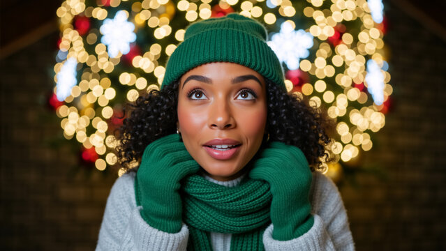 A happy young black woman in a green beanie and scarf looking up with wonder. Festive winter portrait with a Christmas tree and bokeh lights. Holiday season and New Year's celebration concept
