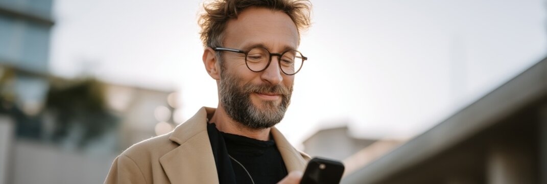 Smiling caucasian male adult using smartphone outdoors in casual jacket and glasses